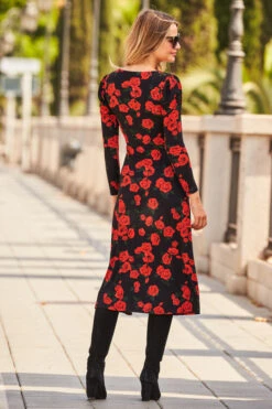 Black & Red Floral Print Ruched Front V Neck Midi Jersey Dress -MIDI Clothing Shop web 26 a22dj006bkfl01 169