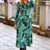 Green & Black Geometric Print Midi Shirt Dress With Belt