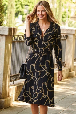 Black & Gold Chain Print Belted Shirt Dress -MIDI Clothing Shop web 27 a22dw046bkcv01 153 1