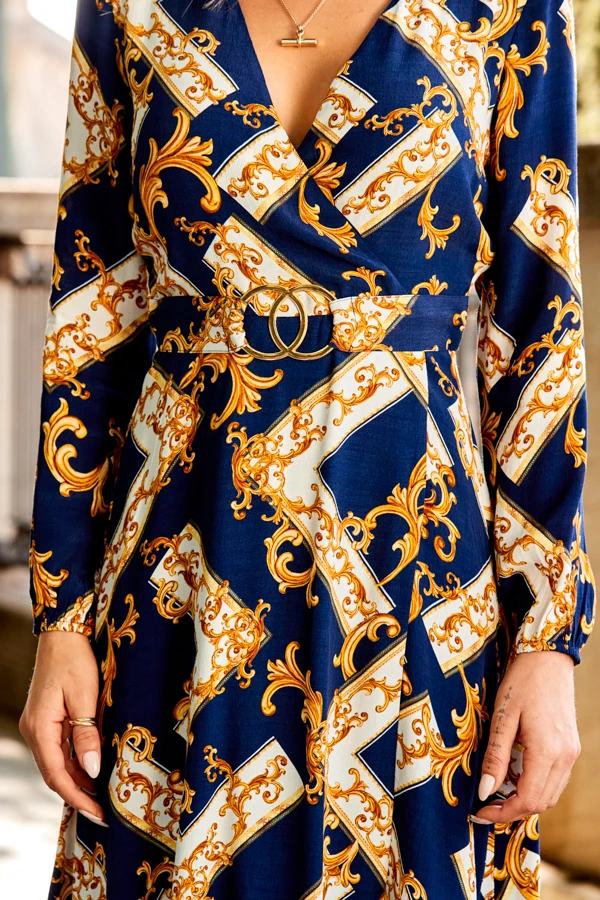 Navy Blue & Gold Baroque Print Belted Fit & Flare Dress 5 Navy Blue & Gold Baroque Print Belted Fit & Flare Dress - Image 3