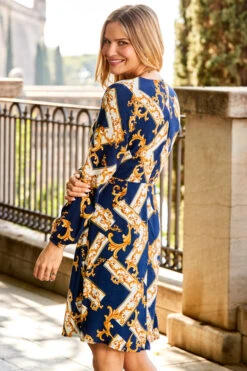 Navy Blue & Gold Baroque Print Belted Fit & Flare Dress 11 Navy Blue & Gold Baroque Print Belted Fit & Flare Dress -MIDI Clothing Shop web 29 a22dw075becv01 221