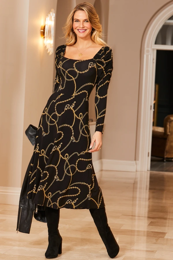 Black & Gold Chain Print Square Neck Midi Jersey Dress 3 Black & Gold Chain Print Square Neck Midi Jersey Dress