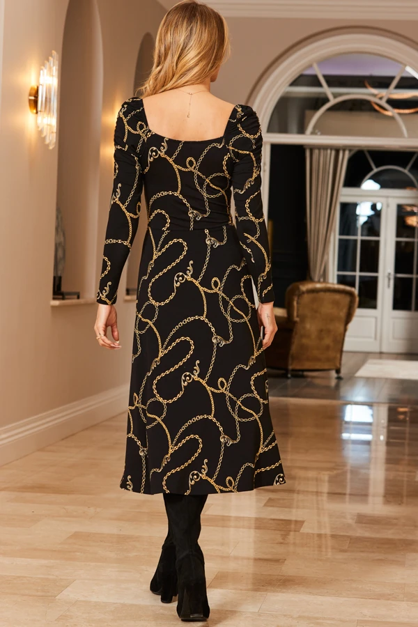Black & Gold Chain Print Square Neck Midi Jersey Dress 5 Black & Gold Chain Print Square Neck Midi Jersey Dress - Image 3