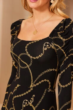 Black & Gold Chain Print Square Neck Midi Jersey Dress 11 Black & Gold Chain Print Square Neck Midi Jersey Dress -MIDI Clothing Shop web 35 s21dj106bkcv01 118