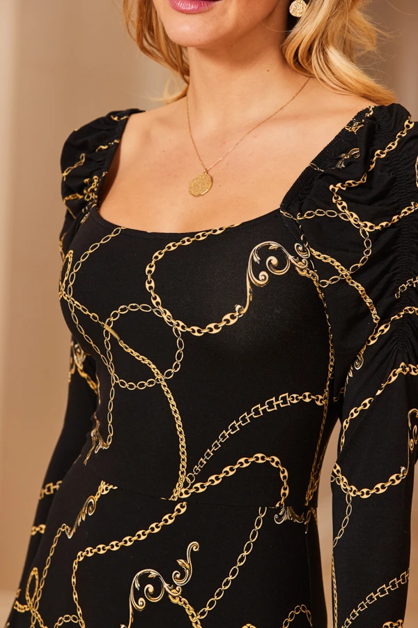 Black & Gold Chain Print Square Neck Midi Jersey Dress 6 Black & Gold Chain Print Square Neck Midi Jersey Dress - Image 4