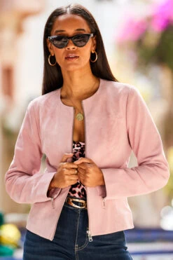 Soft Pink Zip Front Round Neck Suede Jacket