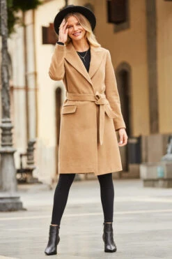 Camel Belted Wool Mix Coat With Pockets -MIDI Clothing Shop web 39 s22ow085bn a20bd095bk 139