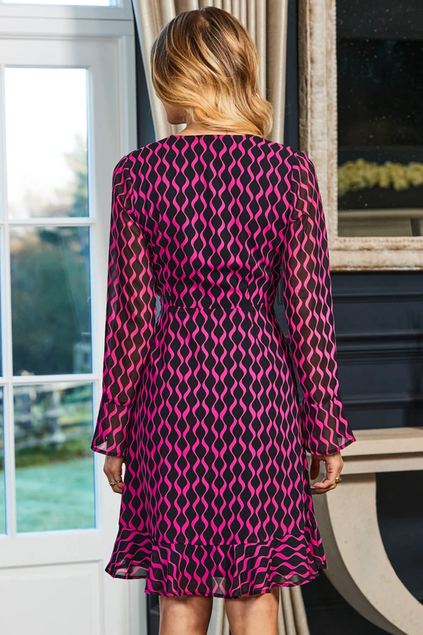 Black & Pink Geometric Print Wrap Front Dress 5 Black & Pink Geometric Print Wrap Front Dress - Image 3