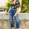 Mid Blue Cropped Kick Flare Jeans