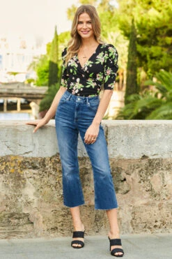 Mid Blue Cropped Kick Flare Jeans