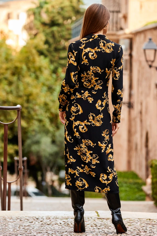 Black & Gold Baroque Print Zip Front Dress 5 Black & Gold Baroque Print Zip Front Dress - Image 3