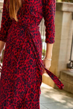 Red Animal Print Ruched Sleeve Midi Wrap Dress -MIDI Clothing Shop web 52 a22dw031rdan01 192 1