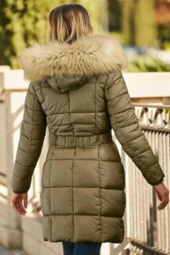 Khaki Faux Fur Trim Luxe Longline Padded Coat -MIDI Clothing Shop web 58 s20ow009gn0031 136 rc 1