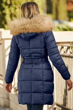 Navy Blue Faux Fur Trim Luxe Longline Padded Coat -MIDI Clothing Shop web 58 s22ow009be 136 navy rt2