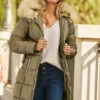 Khaki Faux Fur Trim Luxe Longline Padded Coat