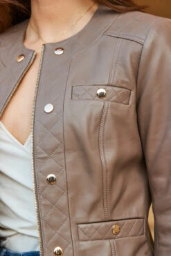 Taupe Quilted Round Neck Leather Jacket With Gold Buttons -MIDI Clothing Shop web 59 s23ol001bn0003 131