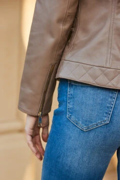 Taupe Quilted Round Neck Leather Jacket With Gold Buttons -MIDI Clothing Shop web 59 s23ol001bn0003 135