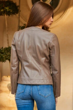 Taupe Quilted Round Neck Leather Jacket With Gold Buttons -MIDI Clothing Shop web 59 s23ol001bn0003 139