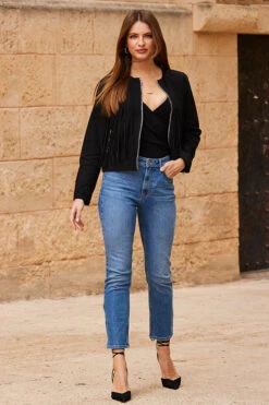 Black Suede Fringed Jacket -MIDI Clothing Shop web 63 s23op002bk0001 030 rt