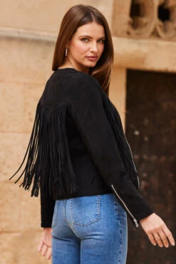 Black Suede Fringed Jacket -MIDI Clothing Shop web 63 s23op002bk0001 216
