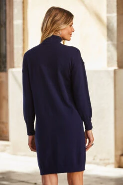 Navy Blue Roll Neck Button Cuff Knitted Dress -MIDI Clothing Shop web 69 s22dk700be 089