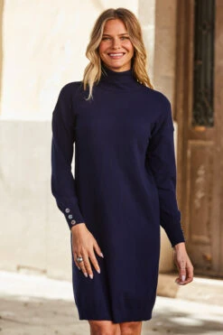 Navy Blue Roll Neck Button Cuff Knitted Dress -MIDI Clothing Shop web 69 s22dk700be 115
