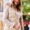 Stone Faux Fur Trim Padded Gilet With Zip Pockets
