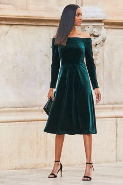 Emerald Green Velvet Embellished Sleeve Bardot Dress -MIDI Clothing Shop web 77 a21dv019 002 green rt