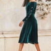 Emerald Green Velvet Embellished Sleeve Bardot Dress -MIDI Clothing Shop web 77 a21dv019 023 rt