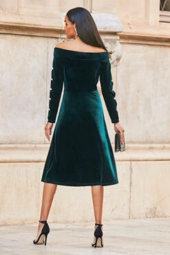 Emerald Green Velvet Embellished Sleeve Bardot Dress -MIDI Clothing Shop web 77 a21dv019 084 green rt