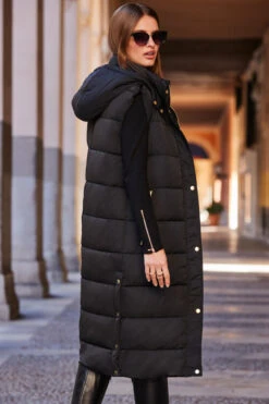 Black Longline Padded Hooded Gilet With Pockets -MIDI Clothing Shop web 84 a21ow075bk0001 a20tk008bk0001 246