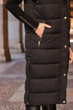 Black Longline Padded Hooded Gilet With Pockets -MIDI Clothing Shop web 84 a21ow075bk0001 a20tk008bk0001 258