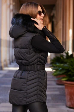 Black Faux Fur Trim Belted Padded Gilet With Hood 15 Black Faux Fur Trim Belted Padded Gilet With Hood -MIDI Clothing Shop web 85 s23ow007bk0001 181