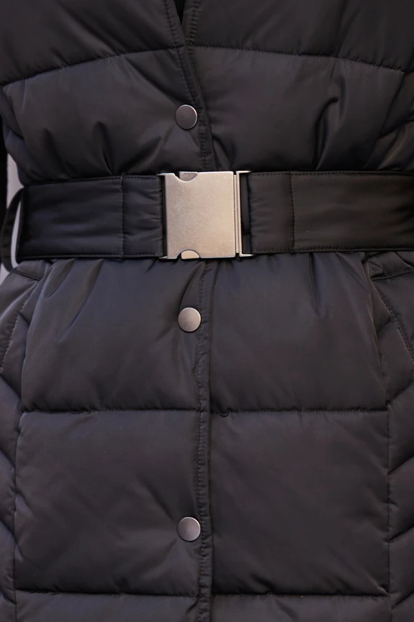 Black Faux Fur Trim Belted Padded Gilet With Hood 9 Black Faux Fur Trim Belted Padded Gilet With Hood - Image 7