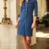 Indigo Popper Front 3/4 Sleeve Stretch Denim Dress -MIDI Clothing Shop web a18ds101io 67242