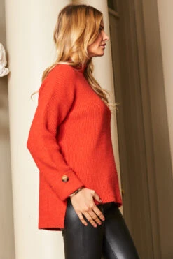 Red High Neck Folded Button Cuff Jumper -MIDI Clothing Shop web a19tk115 69387