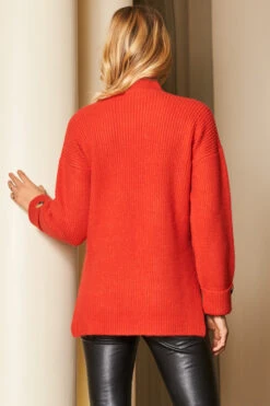 Red High Neck Folded Button Cuff Jumper -MIDI Clothing Shop web a19tk115 69389