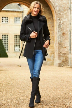 Black Wool Mix Coat With Faux Fur Collar
