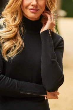 Black Roll Neck Rose Gold Zip Detail Jumper -MIDI Clothing Shop web a20ow020 70015