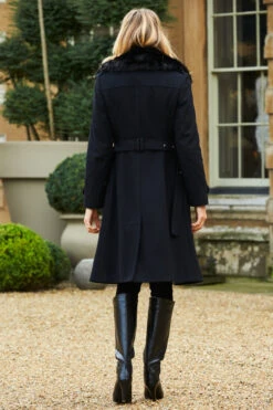 Black Wool Mix Longline Coat With Faux Fur Collar -MIDI Clothing Shop web a20ow02 69710