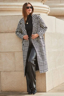 Black & White Dogtooth Print Longline Coat