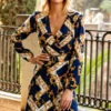 Navy Blue & Gold Baroque Print Belted Fit & Flare Dress