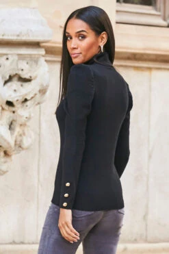 Black Gathered Sleeve Button Detail Jumper -MIDI Clothing Shop web crop 79 a21tk581bk a20bd008gy 250