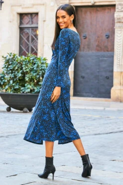 Blue & Black Heart Print Ruched Front Midi Jersey Dress -MIDI Clothing Shop web rt 82 a21dj053 120