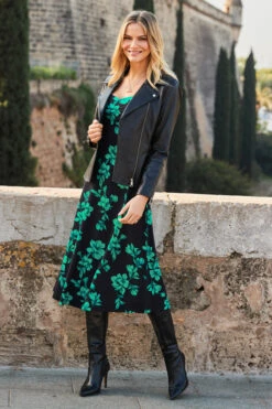 Black & Green Floral Print Sweetheart Neckline Midi Jersey Dress -MIDI Clothing Shop web rt 26 s22dj010bkfl01 188