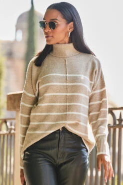 Taupe & White Stripe Roll Neck Jumper -MIDI Clothing Shop web rt 35 a22bj003bk0001 125