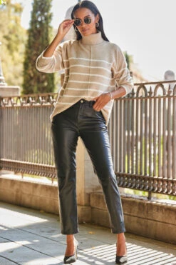 Taupe & White Stripe Roll Neck Jumper -MIDI Clothing Shop web rt 35 a22bj003bk0001 199