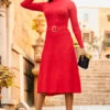 Red Fit & Flare Rib Knit Belted Dress With Silver Detail -MIDI Clothing Shop web rt 43 a22dk480rd0017 055