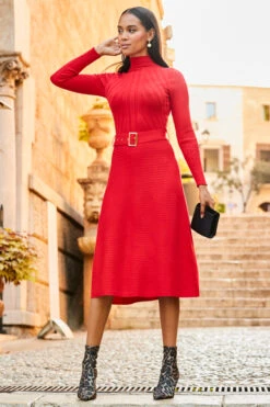 Red Fit & Flare Rib Knit Belted Dress With Silver Detail