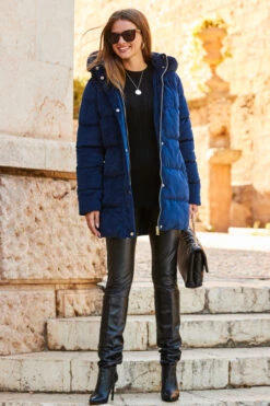 Navy Blue Luxe Velvet Padded Coat -MIDI Clothing Shop web rt 77 a22ow004be0003 079